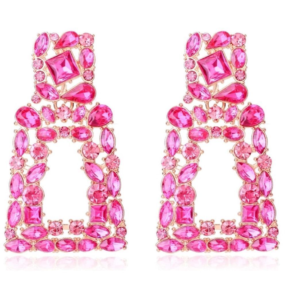 Yellow Gold Pink Tourmaline and Sapphire Crystal Geometric Rectangle Earrings